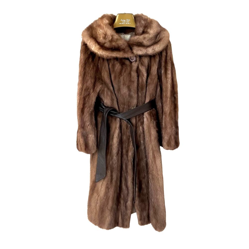VTG Irving Stein Genuine Mink Fur Coat Belted Portrait Shawl Collar Long Medium